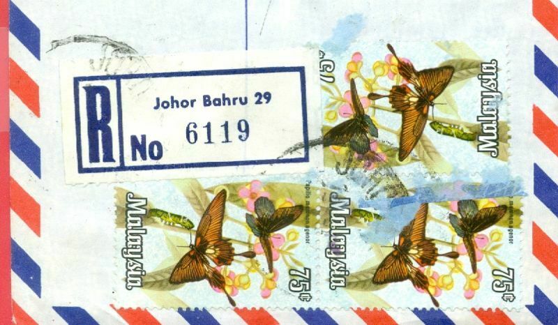 Malaysia Butterfly 3 X 75c Used On Johor Bahru 29 Registered Cover To Usa